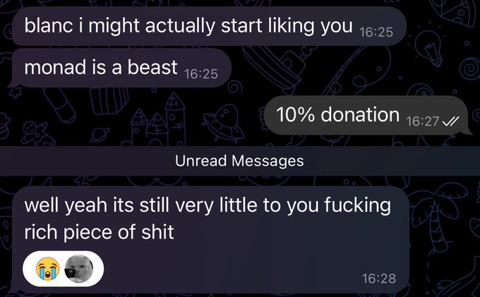 A chat log shows someone agreeing to a "10% donation" (marked with checkmarks), only to respond with "well yeah its still very little to you fucking rich piece of shit," perfectly illustrating the ungrateful reaction described in the caption.