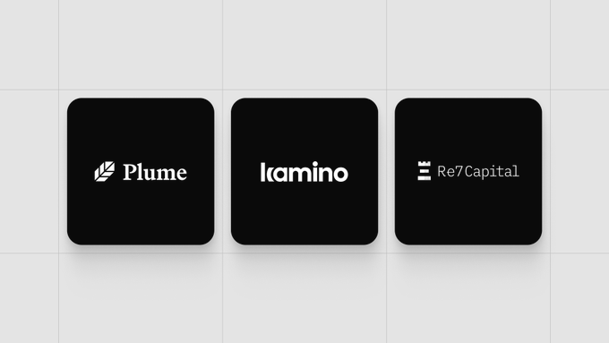 Three black square tiles on a white background display the logos and names: 'Plume', 'Kamino', and 'Re7Capital'.