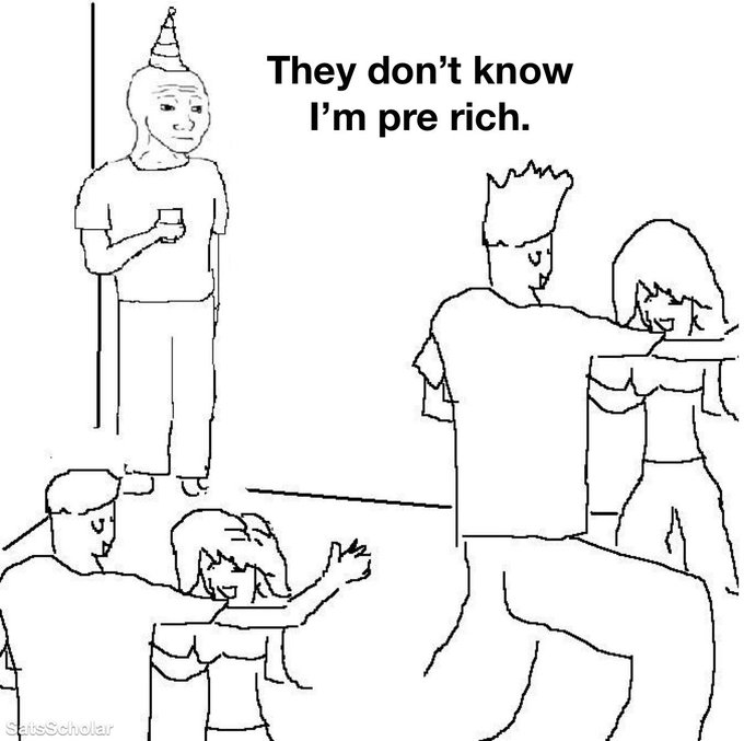 A black-and-white line drawing meme titled 'They don't know I'm pre rich,' showing a man wearing a party hat standing alone with a drink while watching a party happening in the main room.