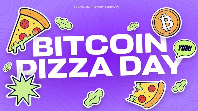 The image features a purple background with white text that reads "BITCOIN PIZZA DAY" above a picture of pizza slices. The text also includes some coins scattered around the pizza slices, adding a fun and quirky touch to the overall design.