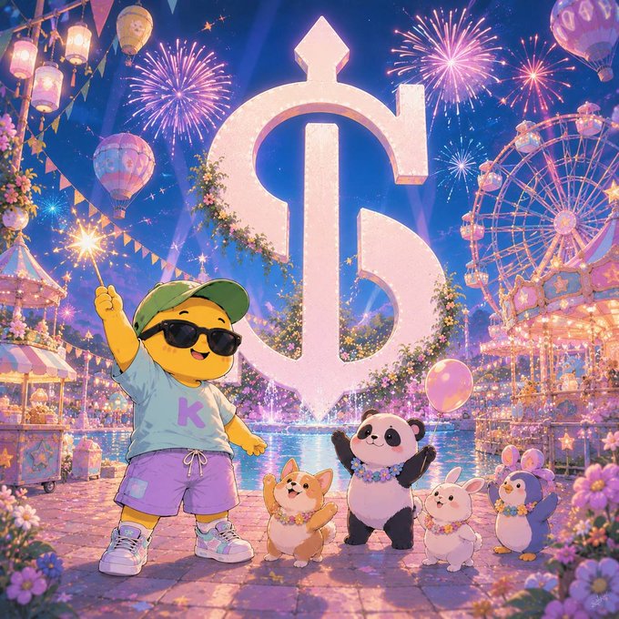 A vibrant, celebratory scene features a yellow cartoon character in a cap and sunglasses holding a sparkler, joined by a panda, corgi, rabbit, and penguin wearing flower leis, all gathered in front of a large crystalline 'K' logo at a festive amusement park.