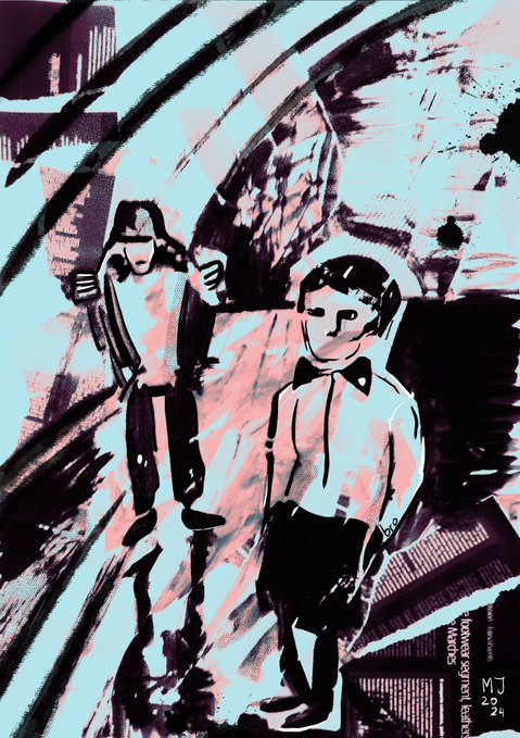 An expressionist painting featuring two stylized figures against a turbulent background of black, pink, and blue brushstrokes, labeled 'Il Mondo Sepolto Warhol Edition'.