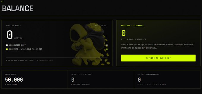 A dashboard screenshot labeled 'BALANCE' showing 'TIPDING POWER' and 'RECEIVED - CLAIMABLE' both at 0 MOTION, with a 'NOTHING TO CLAIM YET' message and a daily limit of 50,000.