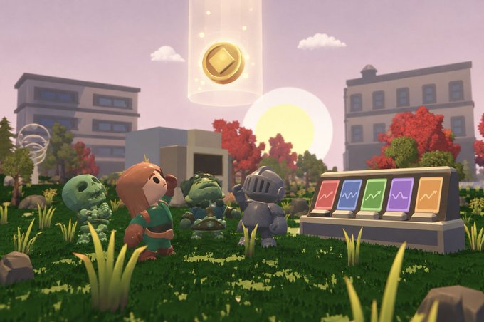 Four chibi characters—a skeleton, a wizard, a zombie, and a knight—gather in a grassy field, gazing up at a glowing gold coin descending from the sky, with a row of colorful stock ticker panels displayed nearby. The scene illustrates the post's concept of "RWA World Drops," where players can back five stocks in a virtual world and earn rewards through mini-games or cashback drops.
