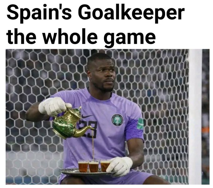 The image shows a soccer goalkeeper in a purple Nike jersey with the caption "Spain's Goalkeeper the whole game," humorously depicting him as leisurely serving tea from a teapot onto a tray instead of actively playing—joking that he's doing anything but goalkeeping.

This relates to the post about passively "holding the bag" while stuck on the wrong network, mirroring the goalkeeper's idle, detached demeanor as he casually pours tea rather than guarding the goal.
