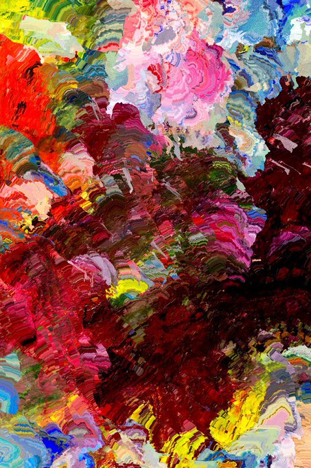 An abstract painting with thick, colorful brushstrokes in red, pink, yellow, and blue tones.