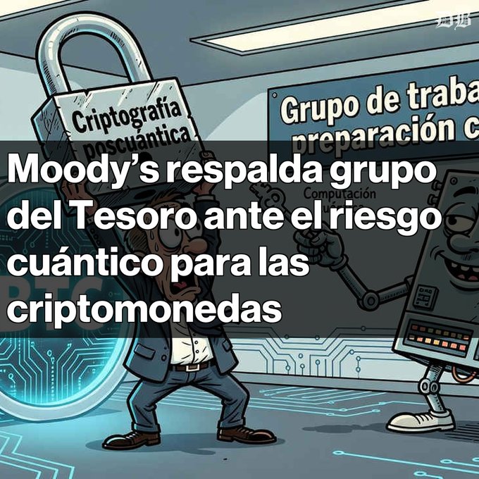 A Spanish-language news graphic with text reading 'Moody's respalda grupo del Tesoro ante el riesgo cuántico para las criptomonedas', showing an illustration of a man trapped under a 'Criptografía poscuántica' padlock being threatened by a robotic figure.