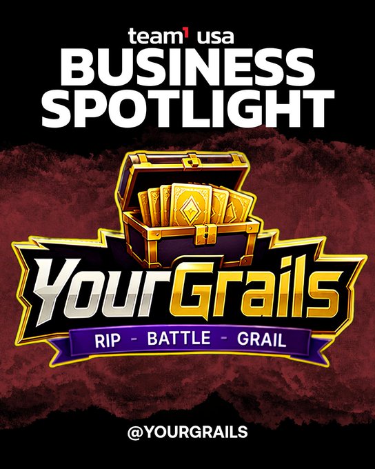 A graphic titled 'team1 usa BUSINESS SPOTLIGHT' featuring a treasure chest and 'YourGrails' logo with the text 'RIP - BATTLE - GRAIL'.