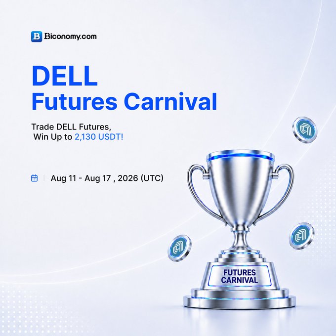 An advertisement for a 'DELL Futures Carnival' on Biconomy.com, running from Aug 11 to Aug 17, 2026, offering users a chance to trade DELL futures and win up to 2,130 USDT.