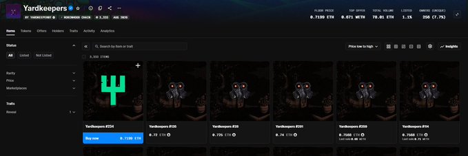 The image shows a NFT marketplace listing for the "Yardkeepers" collection, displaying a floor price of 0.7189 ETH, with multiple identical ape-like NFT listings visible at various prices (0.72 ETH, 0.725 ETH, 0.735 ETH, etc.) and a total volume of 79.03 ETH. This relates to the post's criticism of NFT community founders overhyping collections, as the screenshot reveals the collection's modest floor price and trading data—evidence supporting the claim that exaggerated promotion led to inflated expectations around an otherwise ordinary project.