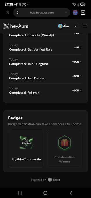 xtraordinary app called "hey Aura" is displayed on a phone screen, featuring a list of completed tasks and badges.
