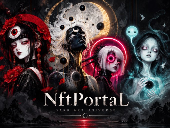 Promotional banner for 'NftPortaL - Dark Art Universe' featuring four stylized female figures with dark, mystical aesthetics, including a figure in red with a large eye, a figure with flowing white hair, a figure with neon pink headphones, and a ghostly pale figure with a floating spirit.