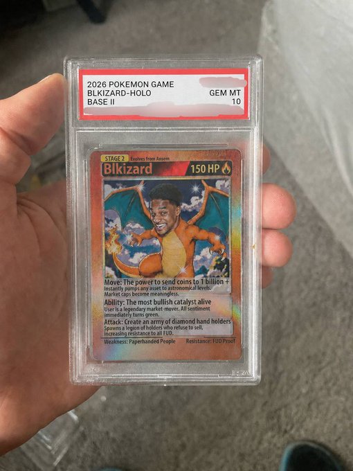 A PSA-graded Pokemon card titled '2026 POKEMON GAME BLKIZARD-HOLO BASE II' featuring a Charizard-style creature, graded GEM MT 10.