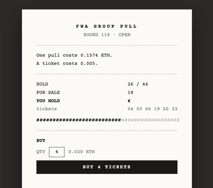 This image shows a "FWA GROUP PULL" interface for "ROUND 118" where one pull costs 0.1574 ETH. The post implies a group is participating in this $fwa event, likely by buying tickets as shown in the image.