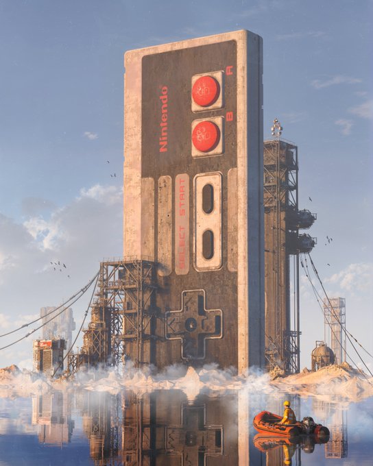 A colossal, weathered Nintendo controller monument towers over a misty landscape, featuring the iconic 'Nintendo' logo, 'SELECT' and 'START' buttons, and a directional pad, with a small figure in an inflatable raft nearby.