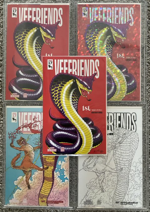 The image features four comic books stacked vertically against each other, with one of them being a red book titled "Vefriends" and the others having different colors and titles such as "1st", "2nd", "3rd", and "4th". The comic books are arranged in a way that they appear to be ready for reading. The post about these comic books seems to be promoting the idea of enjoying the first book, which is often considered an essential part of the reading experience.
