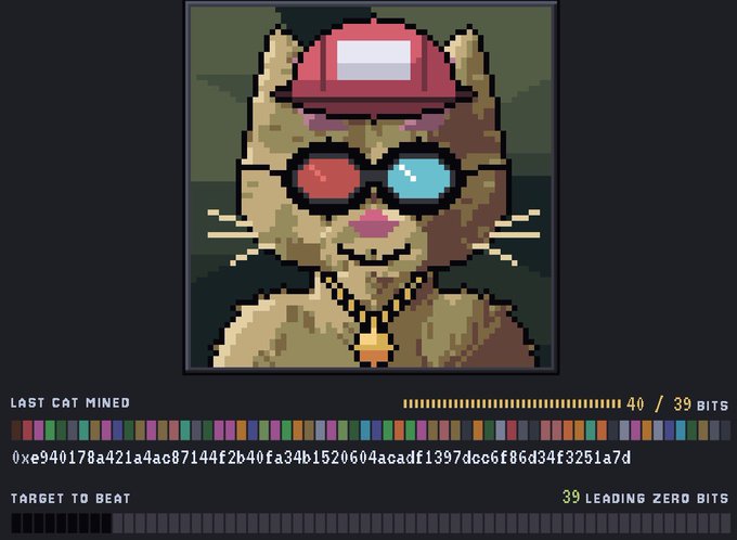 A pixelated cat avatar wearing a red cap and red/blue 3D glasses displays mining stats showing "LAST CAT MINED" with hash 0xe940178a421a4ac87144f2b40fa34b1520604acadf1397dcc6f86d34f3251a7d and "40 / 39 BITS," alongside a "TARGET TO BEAT" of "39 LEADING ZERO BITS" — visualizing the GPU-based crypto mining process for minting HashCats NFTs referenced in the post.