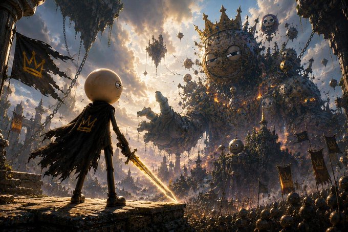 A dramatic fantasy artwork depicting a small crowned figure with a sword facing a massive skull-headed golem king in a surreal battlefield setting.