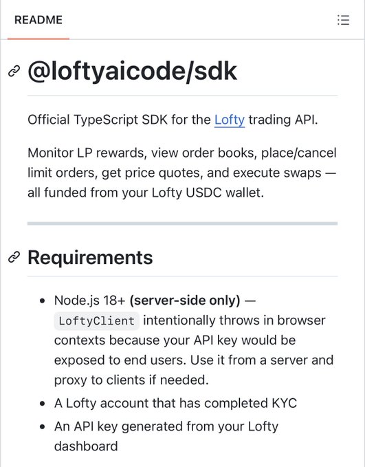 A GitHub README for '@loftyaicode/sdk' describes it as the Official TypeScript SDK for the Lofty trading API, listing requirements including Node.js 18+, a KYC-completed Lofty account, and an API key.
