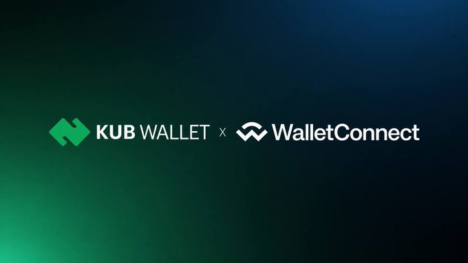 A dark green gradient background displaying a partnership announcement between 'KUB WALLET' and 'WalletConnect' with their respective logos.