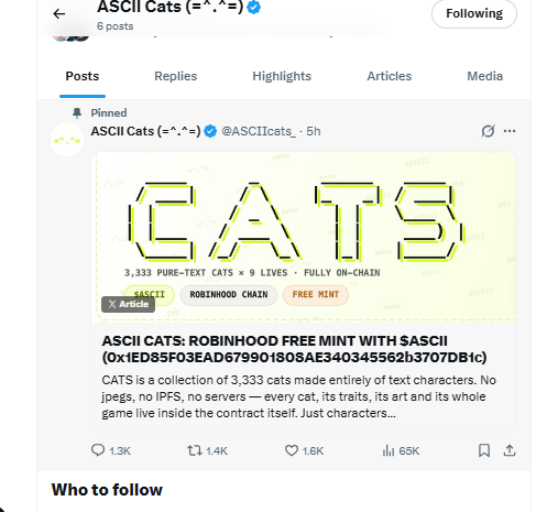 A tweet from 'ASCII Cats (=^.^=)' announcing a free mint of 3,333 pure-text ASCII cats on the Robinhood Chain.