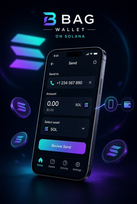 A promotional image for 'B BAG Wallet on Solana' cryptocurrency app displays a smartphone screen showing a 'Send' interface with 0.00 SOL amount and a 'Review Send' button, surrounded by purple Solana logos.