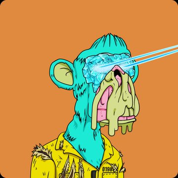 The image features a cartoon monkey wearing a yellow shirt, with its face covered by googly eyes that are glowing blue light up. The monkey appears to be holding a pair of blue laser beams or lights in its hands. The background color of the image is orange, and there's text on it that reads "Highest MAYC sales in past 24 hours Sold: 3.90 eth Sold: 3.50 eth Sold: 3.00 eth". This suggests that the monkey might be a character from an animated movie or TV show, as it has been sold for high prices by fans of these media.