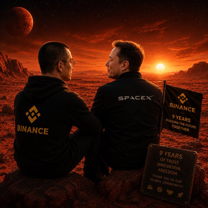 Two individuals wearing black hoodies emblazoned with "BINANCE" and "SPACEX" logos sit side-by-side on a rocky Martian landscape under a red sky, facing a setting sun. Beside them, a Binance flag reads "9 YEARS BUILDING THE FUTURE TOGETHER," and a plaque commemorates "9 YEARS OF TRUST. INNOVATION. FREEDOM." — visualizing the post's playful claim of skipping the Moon to build Binance HQ on Mars with Elon Musk and CZ.