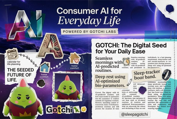 The image is a promotional graphic for "GOTCHI," branded with "Consumer AI for Everyday Life" and "Powered by Gotchi Labs" at the top, alongside a stylized "Ai" logo. The left side features a cute, green cactus-like mascot character with a pink mohawk labeled "Gotchi," surrounded by icons representing a "calendar for life planning" and "home comfort," with the tagline "THE SEEDED FUTURE OF LIFE." The right side displays a torn-paper-textured document titled "GOTCHI: The Digital Seed for Your Daily Ease," which details the product as a "Digital Seed with AI-predicted routines" that offers "Seamless mornings with AI-predicted routines," uses "AI-optimized bio-parameters" for "Deep rest," and includes a "Sleep-tracker boar band" (likely meant to be "board band") to monitor sleep, biorhythms, and stress, ultimately helping users "to optimize rest and melatonin and liberate the finest