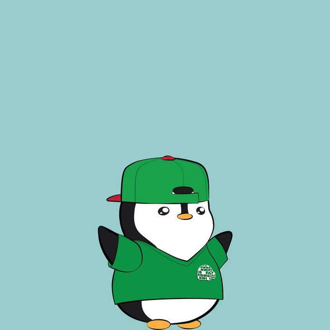 A cartoon illustration of a black and white penguin character wearing a green cap and green shirt with a small logo, posed with wings outstretched against a light blue background.