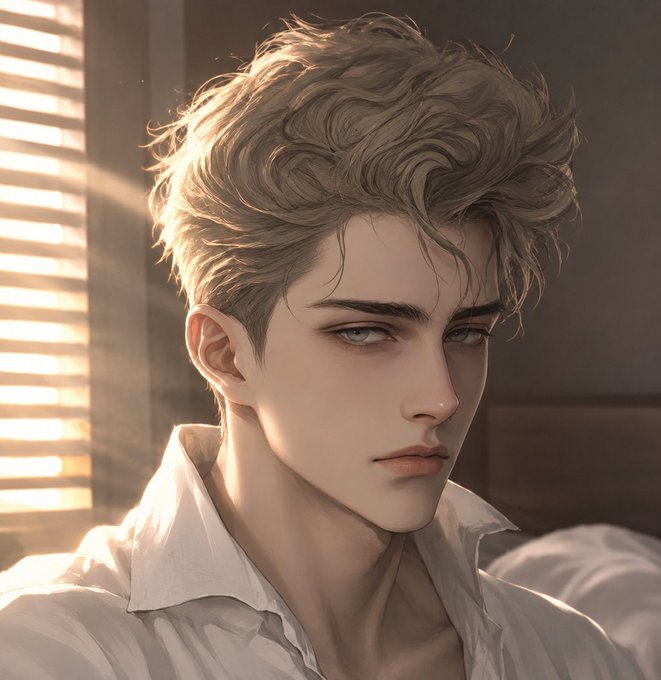 A digital anime-style portrait of a young man with messy blonde hair and blue eyes, wearing a white shirt, lit by warm sunlight through window blinds.