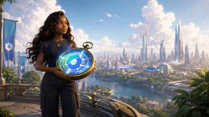 A young woman gazes confidently toward a futuristic city skyline while holding a glowing pocket watch displaying the RZR token emblem, with matching blue banners nearby—visually reinforcing the post's message of RZR as a forward-looking signal within Rezor's expanding Web3 ecosystem.