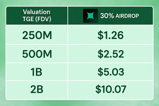 A table showing token valuation scenarios at TGE (FDV) with a 30% airdrop: 250M = $1.26, 500M = $2.52, 1B = $5.03, 2B = $10.07.