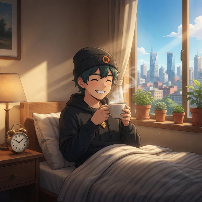 An anime-style illustration of a smiling young man in a black beanie and hoodie drinking from a cup of hot beverage while sitting in bed by a window overlooking a sunny city skyline.