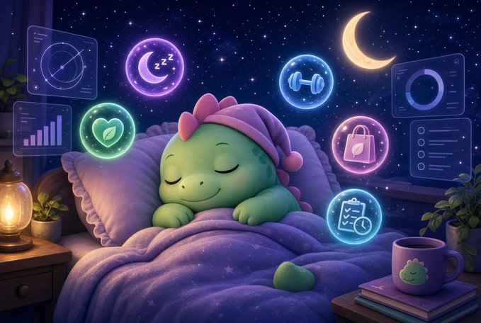 A cartoon illustration of a green dinosaur character sleeping in a purple bed, surrounded by glowing neon icons representing health metrics, sleep tracking, and fitness.