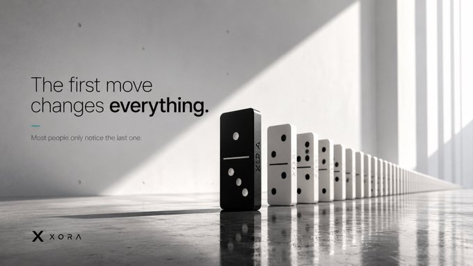 A minimalist advertisement for 'XORA' featuring the text 'The first move changes everything. Most people only notice the last one.' alongside an image of dominoes toppling in a line.