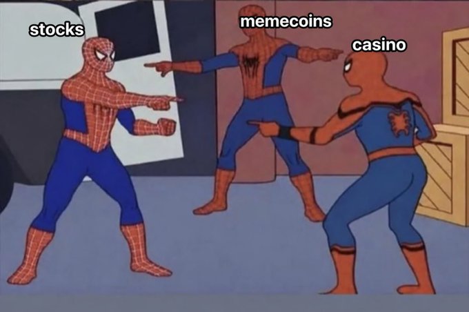 A Spider-Man meme showing three versions pointing at each other in an accusation loop, labeled 'stocks', 'memecoins', and 'casino'.