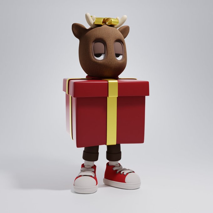 A 3D rendering of a brown, reindeer-like character with antlers popping out of a red gift box with a yellow ribbon, wearing red sneakers and standing on a plain background.