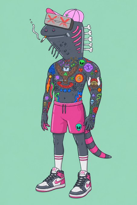 A cartoon illustration of a dark grey reptilian creature with tattoos, wearing a VR headset, pink cap, pink shorts, and Nike Jordan sneakers.