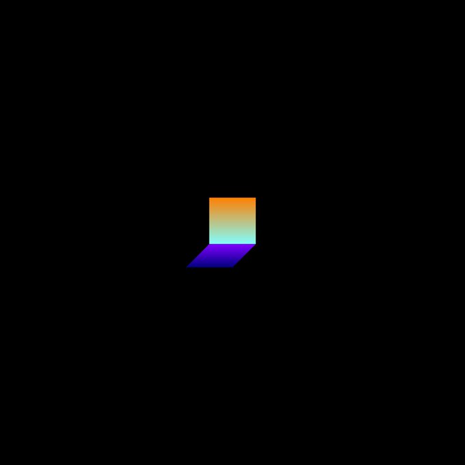 A minimalist pixelated graphic featuring a small gradient cube transitioning from orange and teal on top to purple and dark blue at the bottom, set against a black background. The simple geometric design reflects the digital art style of Kim Asendorf's "Pixel Deck 111," which was sold for 11,111 USDC on OpenSea.