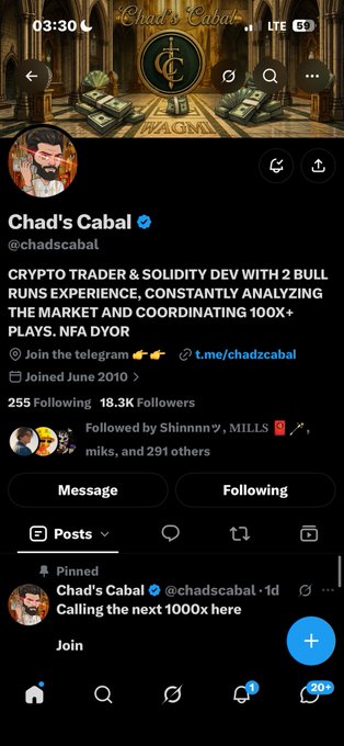 A Twitter/X profile screenshot for 'Chad's Cabal' (@chadscabal), a verified crypto trader and Solidity dev, showing 18.3K followers and a pinned post saying 'Calling the next 1000x here'.