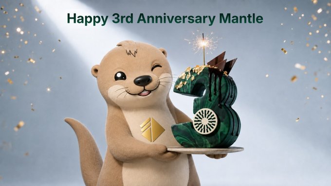 An anniversary graphic featuring an otter mascot holding a number '3' cake with the text 'Happy 3rd Anniversary Mantle' against a sparkly background.