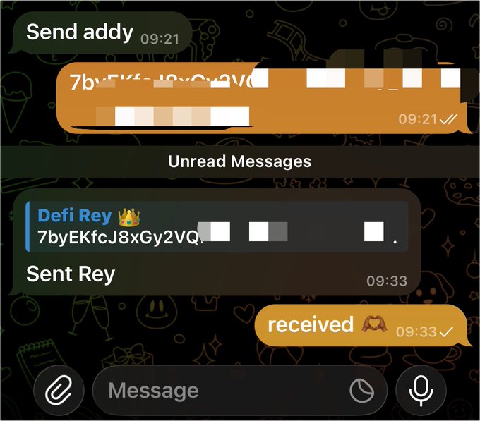 A screenshot of a messaging app showing an unread message thread with 'Defi Rey' that contains what appears to be a cryptocurrency wallet address starting with '7byEKfcJ8xGy2VQ', along with a reply saying 'received'.
