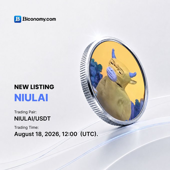 A promotional graphic from Biconomy.com announcing a new listing for "NIULAI" token with trading pair NIULAI/USDT on August 18, 2026, 12:00 (UTC), featuring a coin design with a stylized bull.