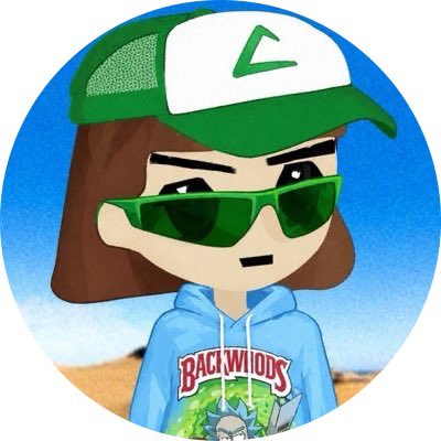 A cartoon avatar of a female character wearing a green and white cap, green sunglasses, and a blue 'Backwoods' hoodie.