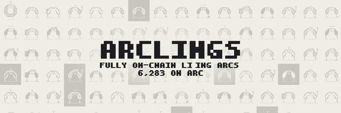 A pixel art banner with the text 'ARCLINGS' and 'FULLY ON-CHAIN LIVING ARCS' over a background of small pixel arch characters.