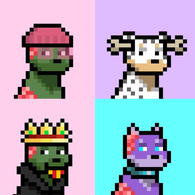 A four-panel pixel art collage on pink, purple, and cyan backgrounds showing a watermelon-headed character, a deer-like figure, a crowned alligator, and a purple bobcat.