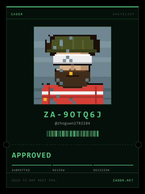 A pixel art approval card from ZADDR displaying a character with a beard, green hat, and red shirt, with the ID 'ZA-90TQ6J', username '@zhoguwn2782184', and 'APPROVED' status.