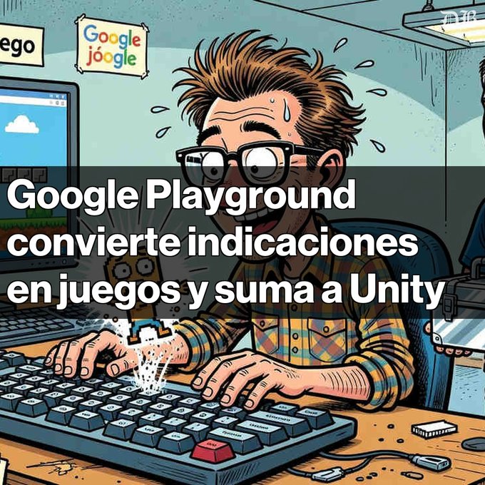 A cartoon illustration of a stressed developer at a computer with Spanish text reading "Google Playground convierte indicaciones en juegos y suma a Unity," with Google and Lego logos visible in the background.