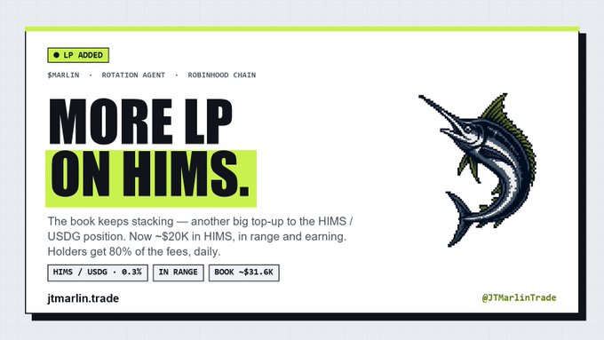 A trading alert graphic stating 'MORE LP ON HIMS' from jtmarlin.trade, noting ~$20K added to the HIMS/USDG position with 80% of fees going to holders.